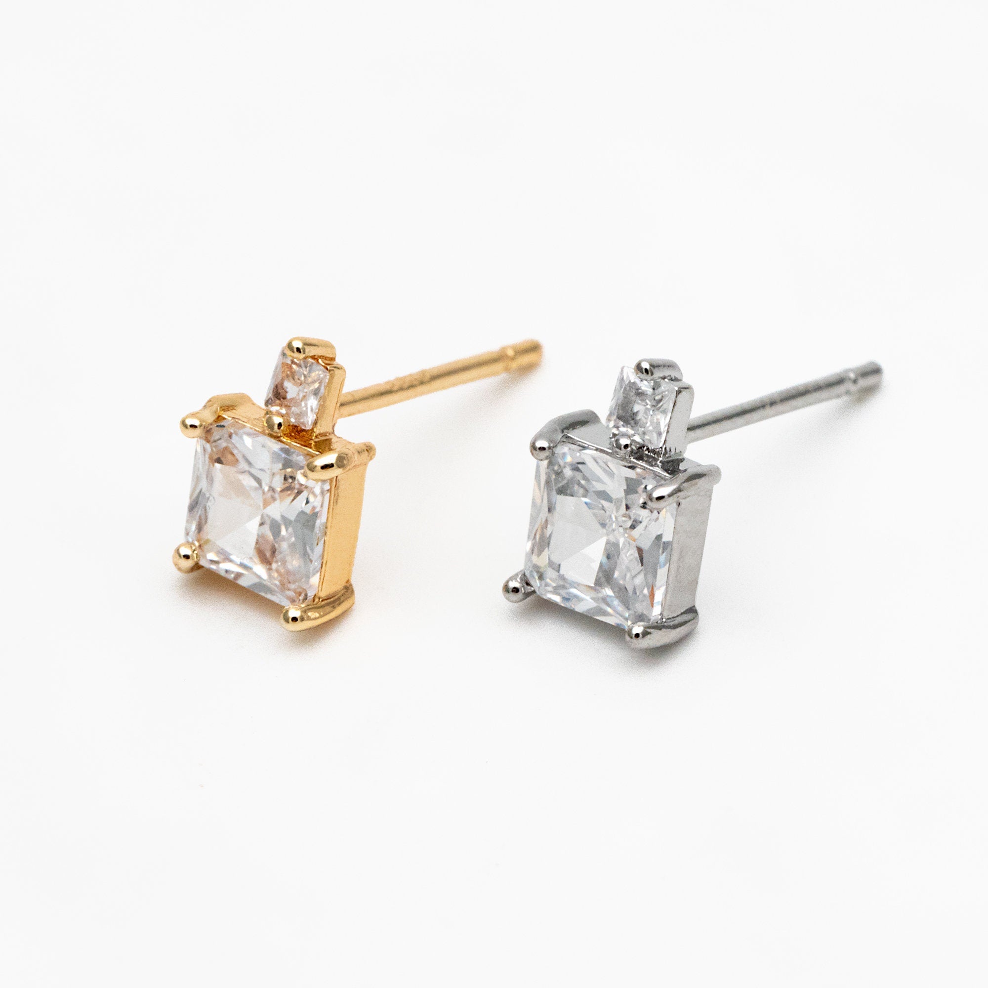 10pcs CZ Pave Gold/ Silver Square Earrings, 18K Gold/ Rhodium plated Brass, Geometric Stud Earrings (#GB-4350)